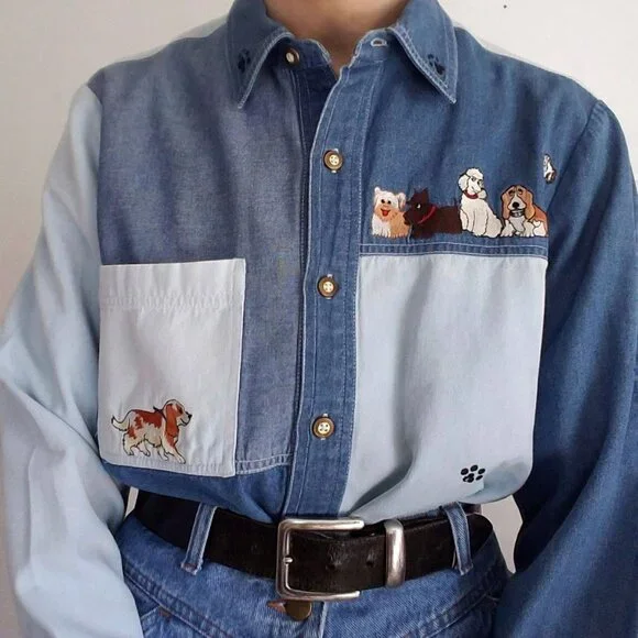 Blue Denim Statement Shirt for Dogs Lover 2XLPatchwork Cotton Button Up Collar - Picture 13 of 14